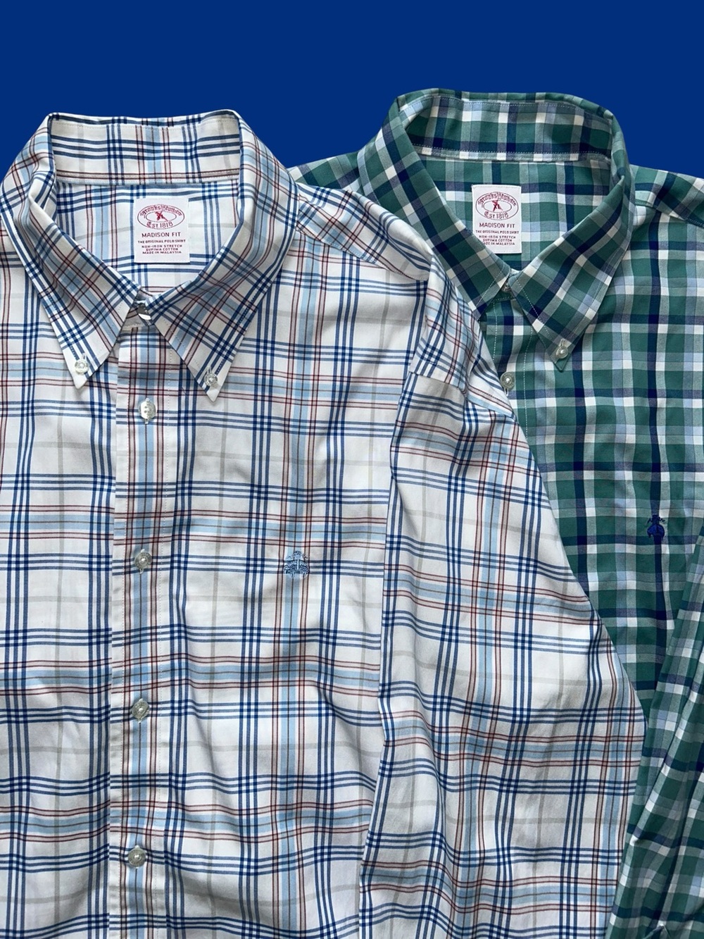 2 Brooks Brothers Madison Shirt XL Blue Plaid Non-Iron Supima Cotton Long Sleeve